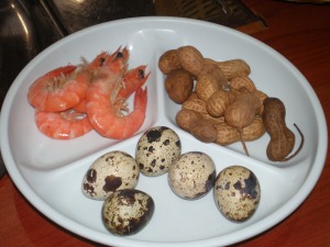 Shrimp, quail eggs and NONROASTED peanuts!